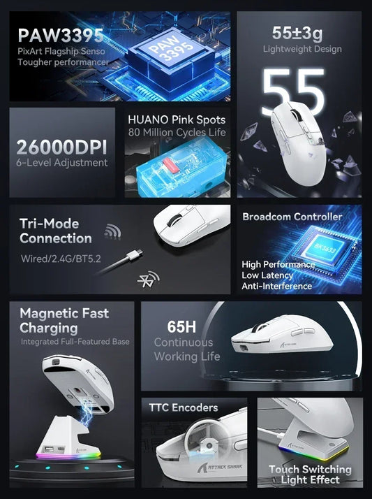 Attack shark X6 Bluetooth Mouse,PAW3395,2.4 Tri-Mode Connection, RGB Touch Magnetic Charging Base, Macro Gaming Mouse