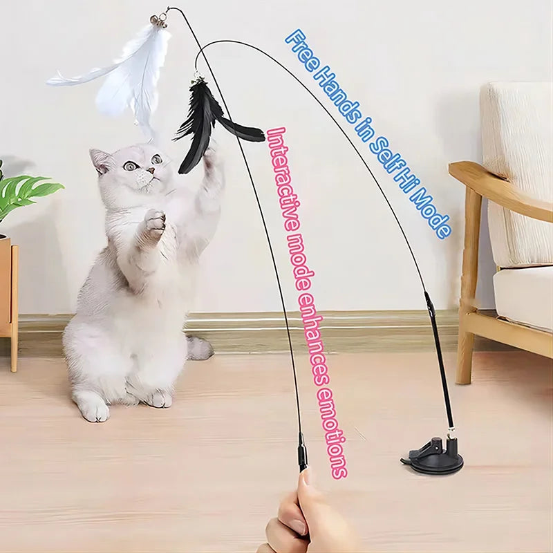 Interactive Cat Toy Feather Wand with Bell, Long Suction Cup Pole - Exciting Playtime for Kittens, Durable Teaser Toy