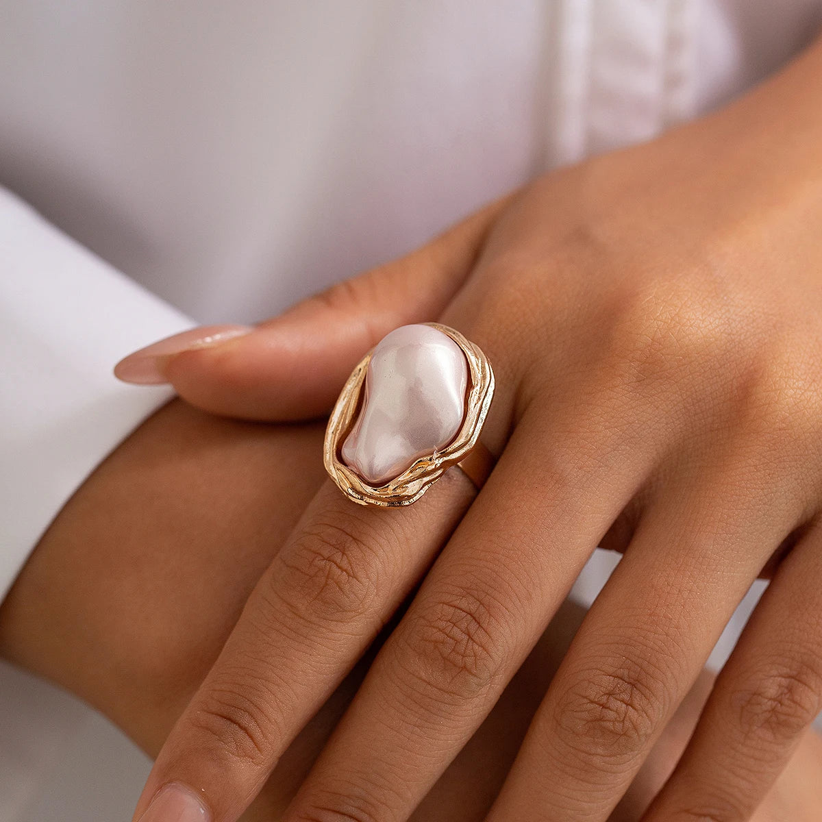 PuRui Punk Semi Baroque Imitation Pearl Alloy Open Adjustable Rings For Women Banquet Wedding Aesthetic Jewelry Accessories New