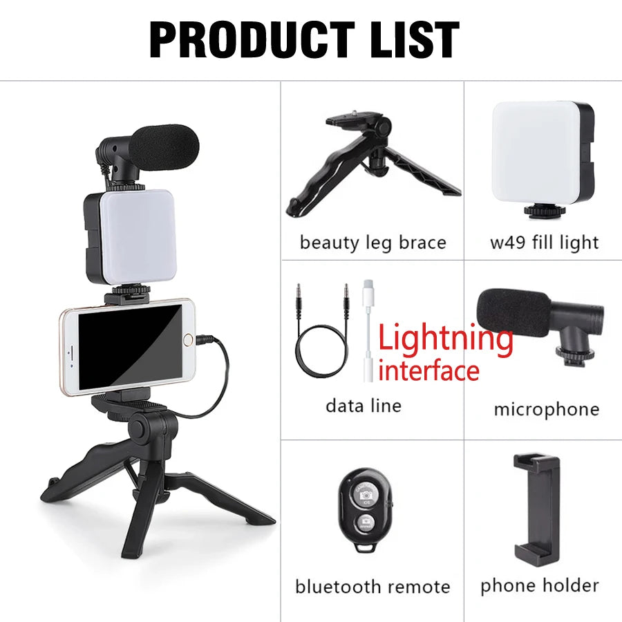 Smartphone Vlogging Kit With Tripod Phone Holder Mini Microphone LED Fill Light Starter For TikTok Live Stream Video YouTube