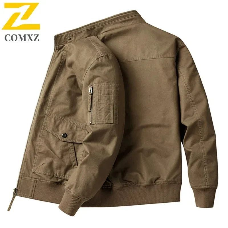 Mens Cotton Jacket 2025 Spring Autumn Solid Color Casual Loose Multi-pocket Outdoor Travel Stand Collar Moto Top Men Work Coat