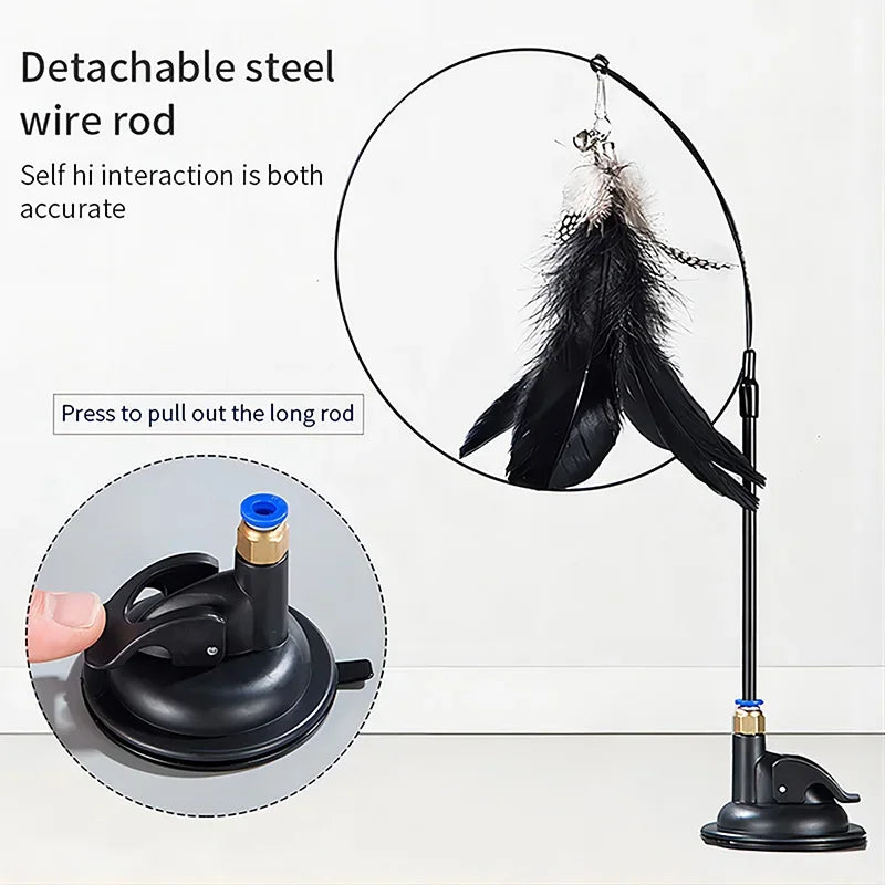 Interactive Cat Toy Feather Wand with Bell, Long Suction Cup Pole - Exciting Playtime for Kittens, Durable Teaser Toy