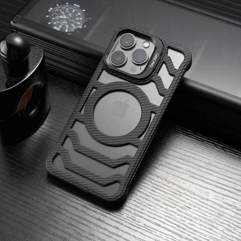 For IPhone 15promax Mobile Phone Case with Lens Holder Kevlar Carbon Fiber Pattern Protective Cover