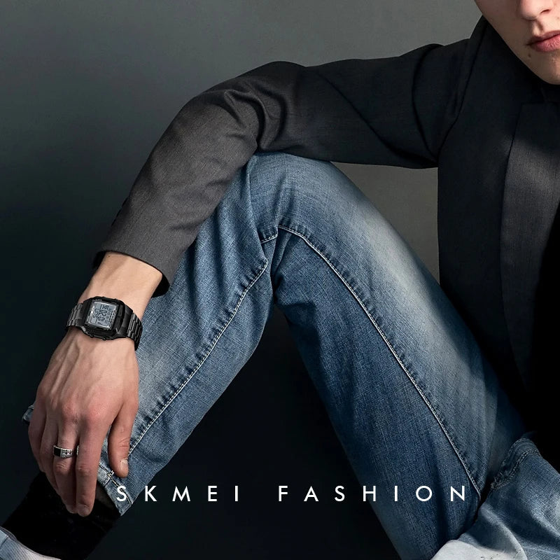 Clearance_SKMEI Fashion Back Light Digital Sports Watch Men Stainless Steel Strap Alarm Clock Countdown Glass Mirror Wristwatch