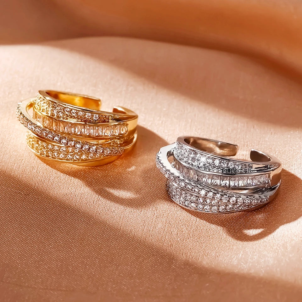 UILZ High Quality Copper Inlaid Zircon Multi-layer Star Opening Ring Women's Plated 18k-Gold Couple Holiday Gift Ring Jewelry