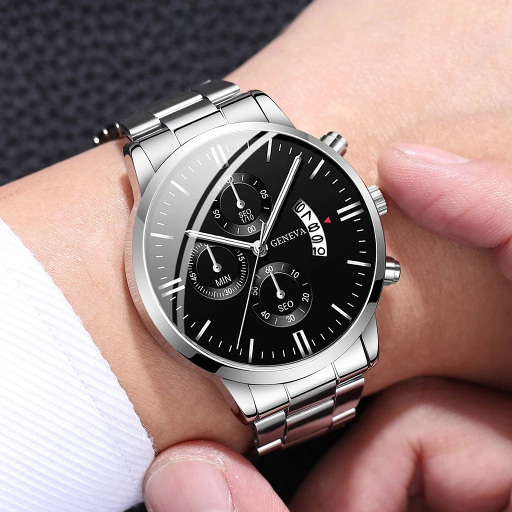 2PCS Men Business Watches Fashion Steel Band Quartz Watch Male Calendar Watch Bracelet Relogio Masculino（Without Box）