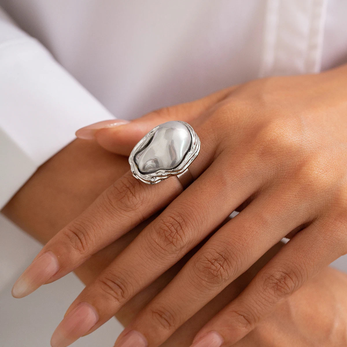 PuRui Punk Semi Baroque Imitation Pearl Alloy Open Adjustable Rings For Women Banquet Wedding Aesthetic Jewelry Accessories New