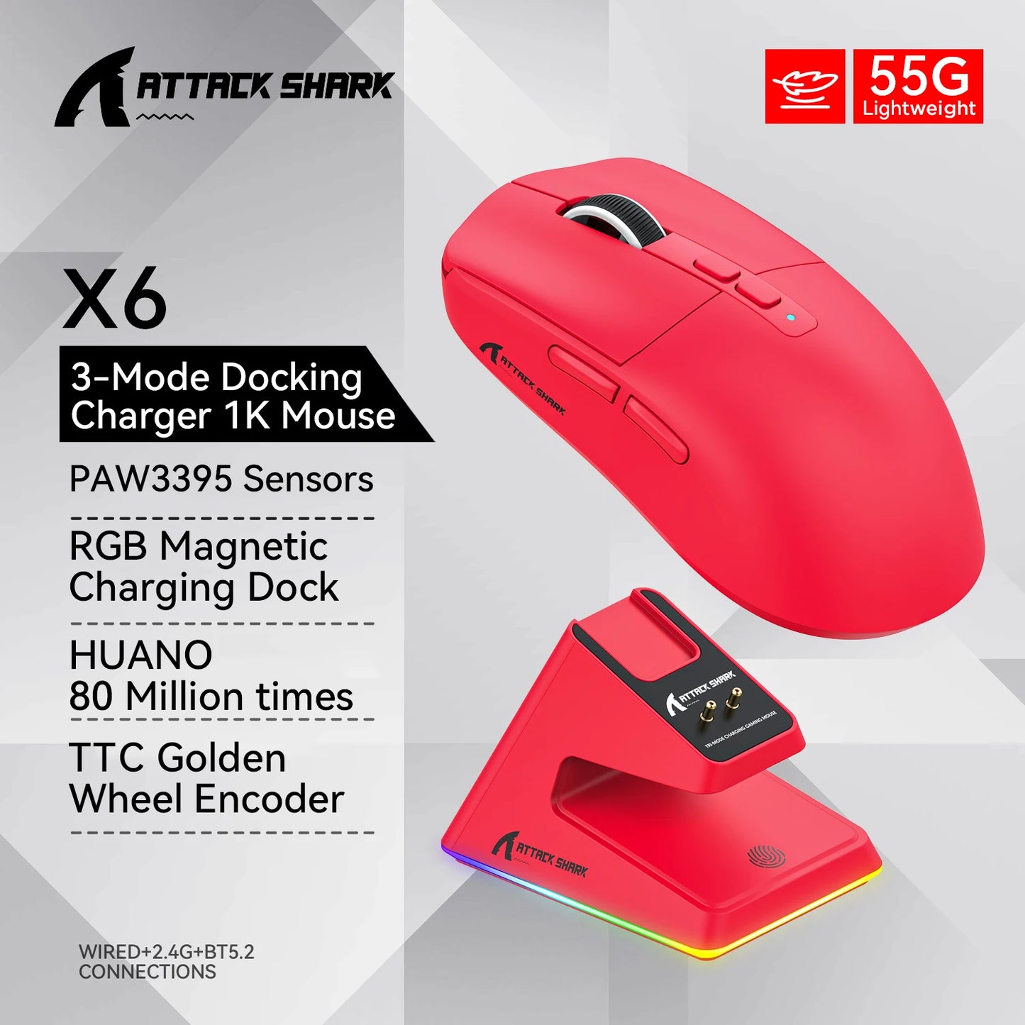 Attack shark X6 Bluetooth Mouse,PAW3395,2.4 Tri-Mode Connection, RGB Touch Magnetic Charging Base, Macro Gaming Mouse