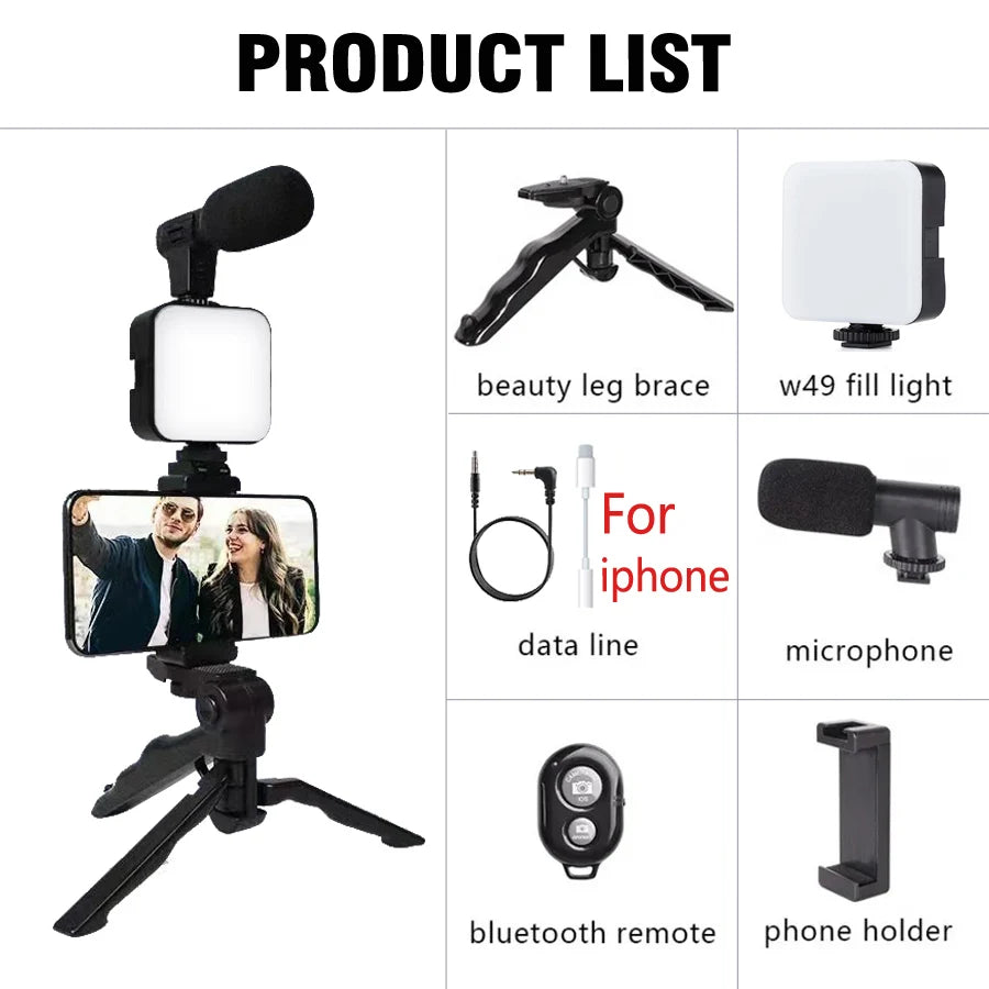 AY49 Smartphone Vlogging Kit With Tripod Phone Holder Mini Microphone LED Fill Light Starter For TikTok Live Stream Video YouTub