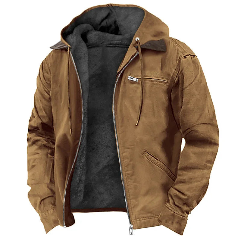 Men Autumn Winter Solid Color Hooded Cotton Clothes Casual Velvet Zipper Pocket Hoodie Jacket Coat Sweatshirt