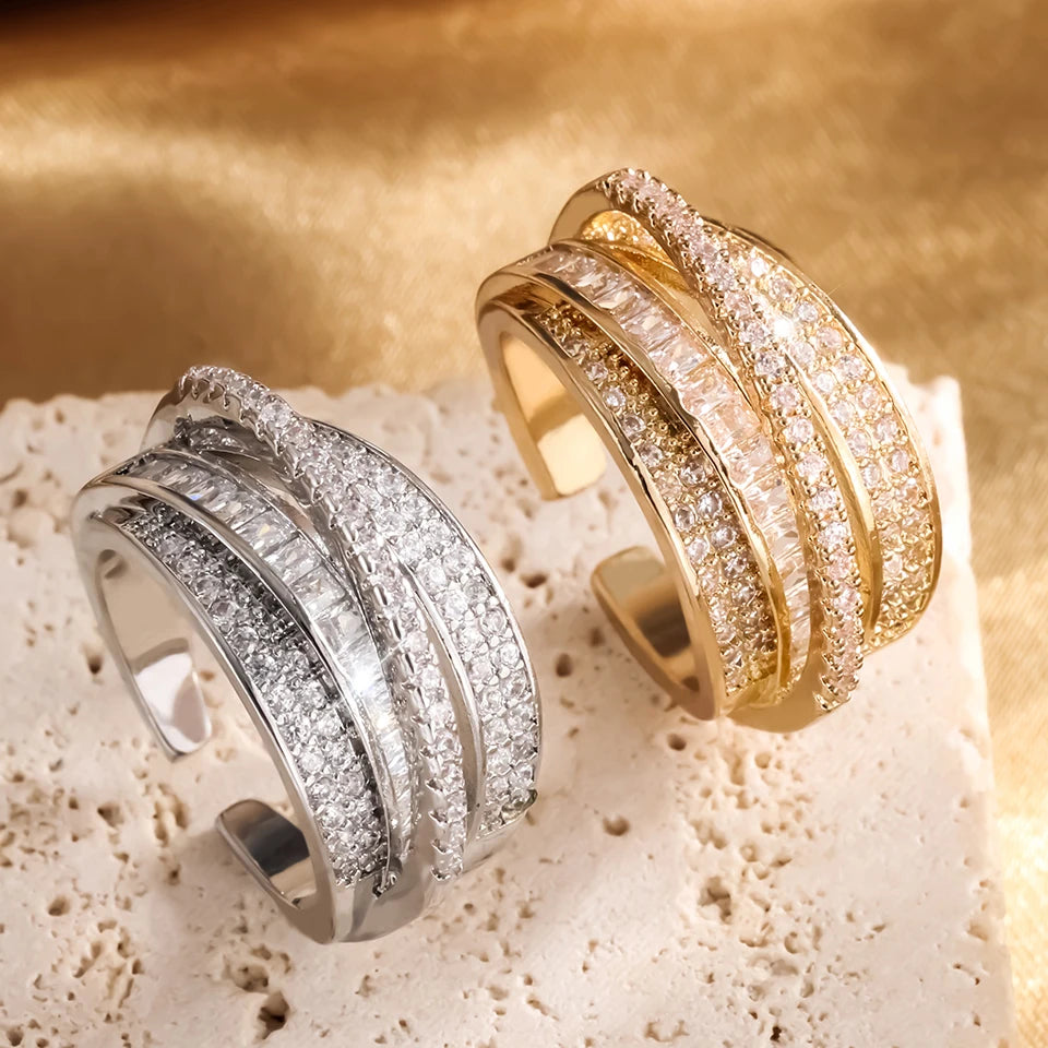 UILZ High Quality Copper Inlaid Zircon Multi-layer Star Opening Ring Women's Plated 18k-Gold Couple Holiday Gift Ring Jewelry