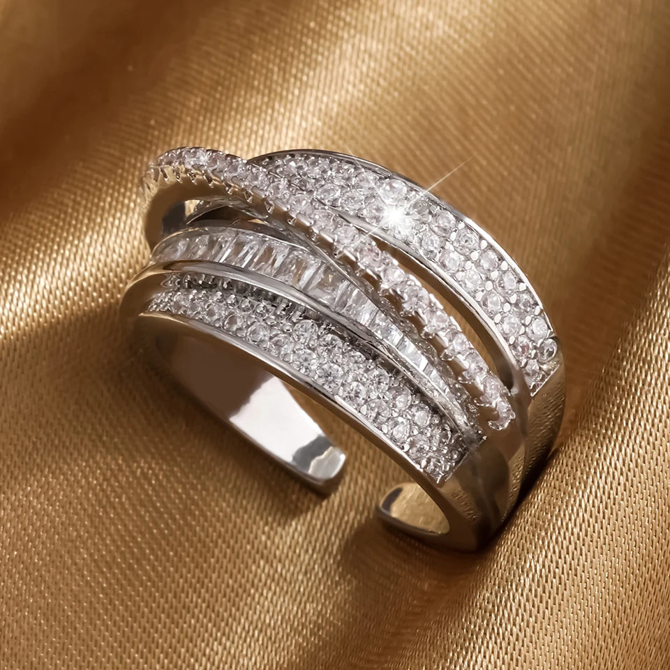 UILZ High Quality Copper Inlaid Zircon Multi-layer Star Opening Ring Women's Plated 18k-Gold Couple Holiday Gift Ring Jewelry
