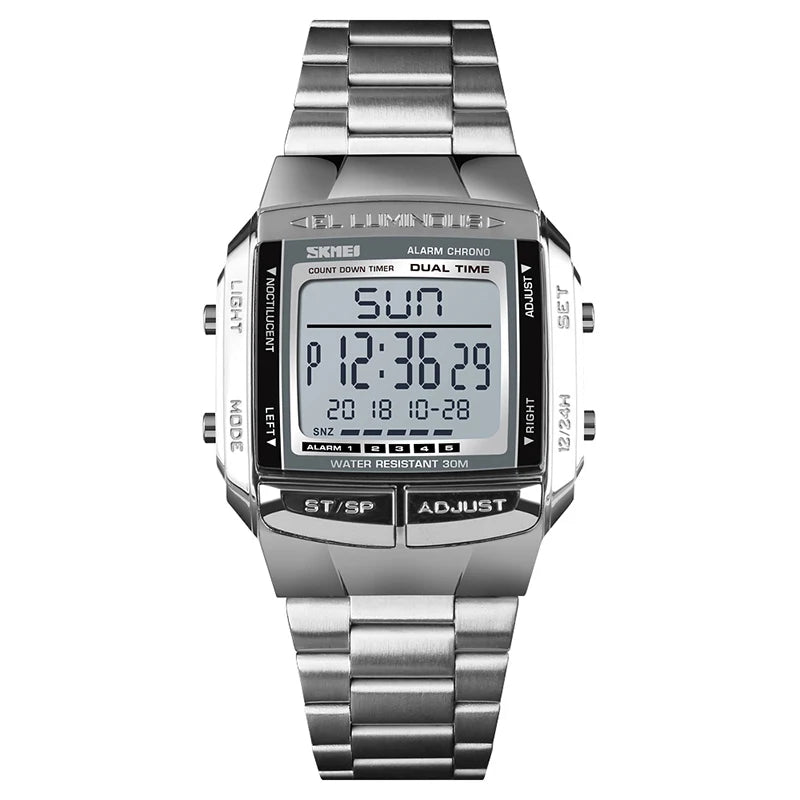 Clearance_SKMEI Fashion Back Light Digital Sports Watch Men Stainless Steel Strap Alarm Clock Countdown Glass Mirror Wristwatch