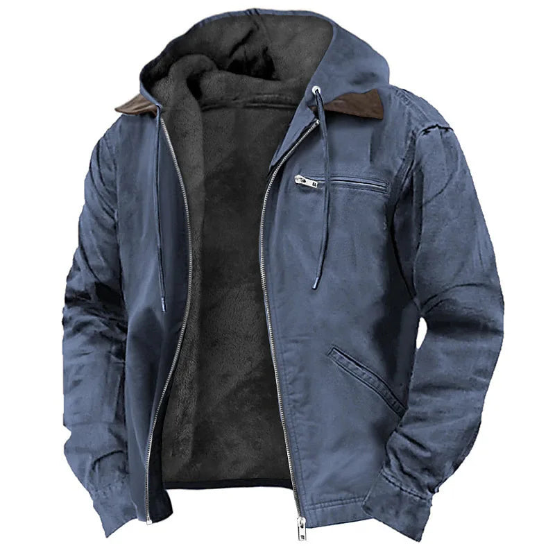 Men Autumn Winter Solid Color Hooded Cotton Clothes Casual Velvet Zipper Pocket Hoodie Jacket Coat Sweatshirt